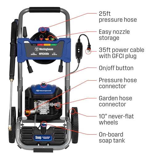 Electric Pressure Washer, 3400 Max PSI, 2.0 Max GPM, Brushless Motor, Onboard Soap Tank, Spray Gun and Wand, 5 Nozzle Set N6634