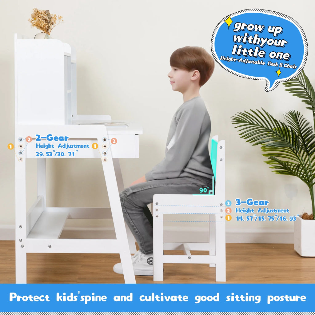 White Wooden Kids Desk and Chair Set with Drawers V9155