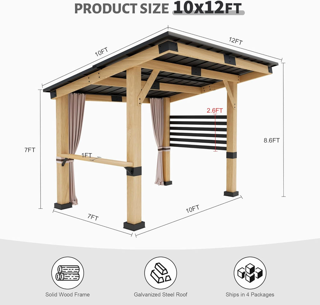 Wood Gazebo 10' x 12' with Metal Roof and Curtains U36125
