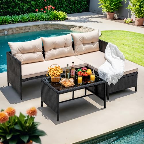 Beige 3-Piece Rattan Outdoor Sectional Sofa with Cushion Glass Table I657893