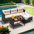 Beige 3-Piece Rattan Outdoor Sectional Sofa with Cushion Glass Table I657893