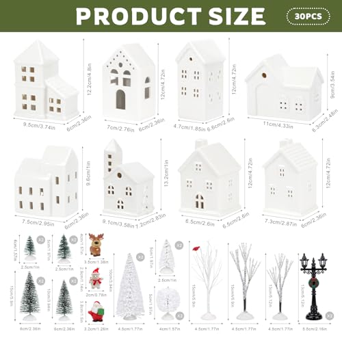 30 Pcs LED Christmas Village Set, 8 Ceramic Christmas Village Houses 17 Xmas Trees 2 Lamp Post with Snowman Santa Claus Deer H88195