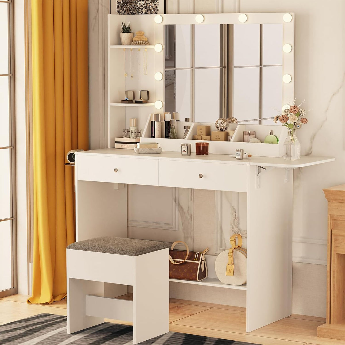White Makeup Vanity Desk with Lights and Charging Station, 2 Drawers & Cushioned Stool L439226