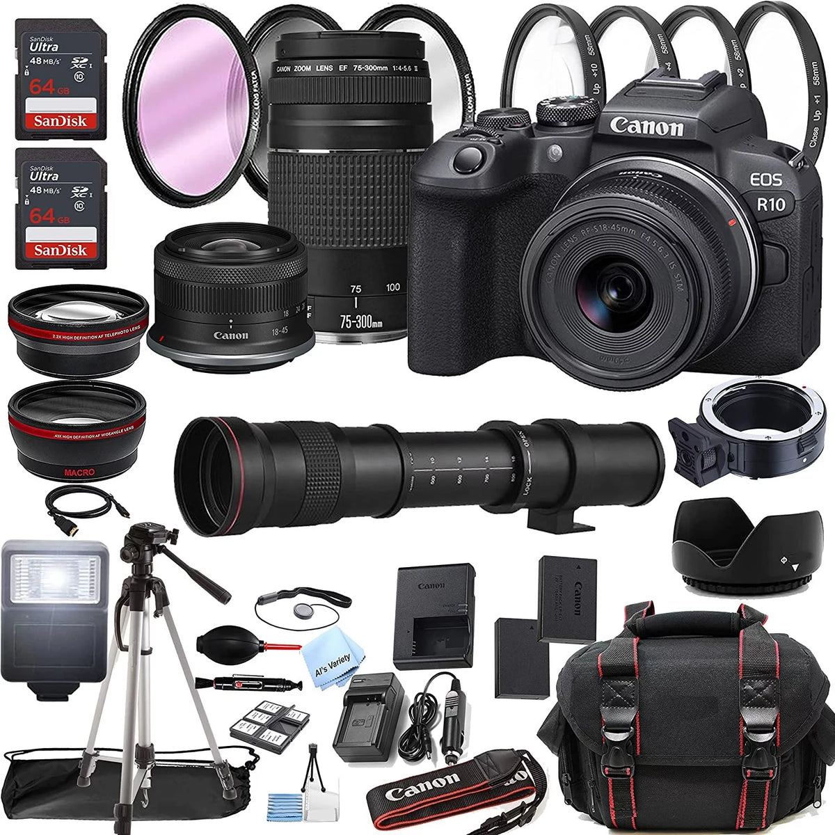 Mirrorless Digital Camera with 18-45mm Lens + 75-300mm Lens + 420-800mm Lens + 128GB Memory + Case + Tripod M2110