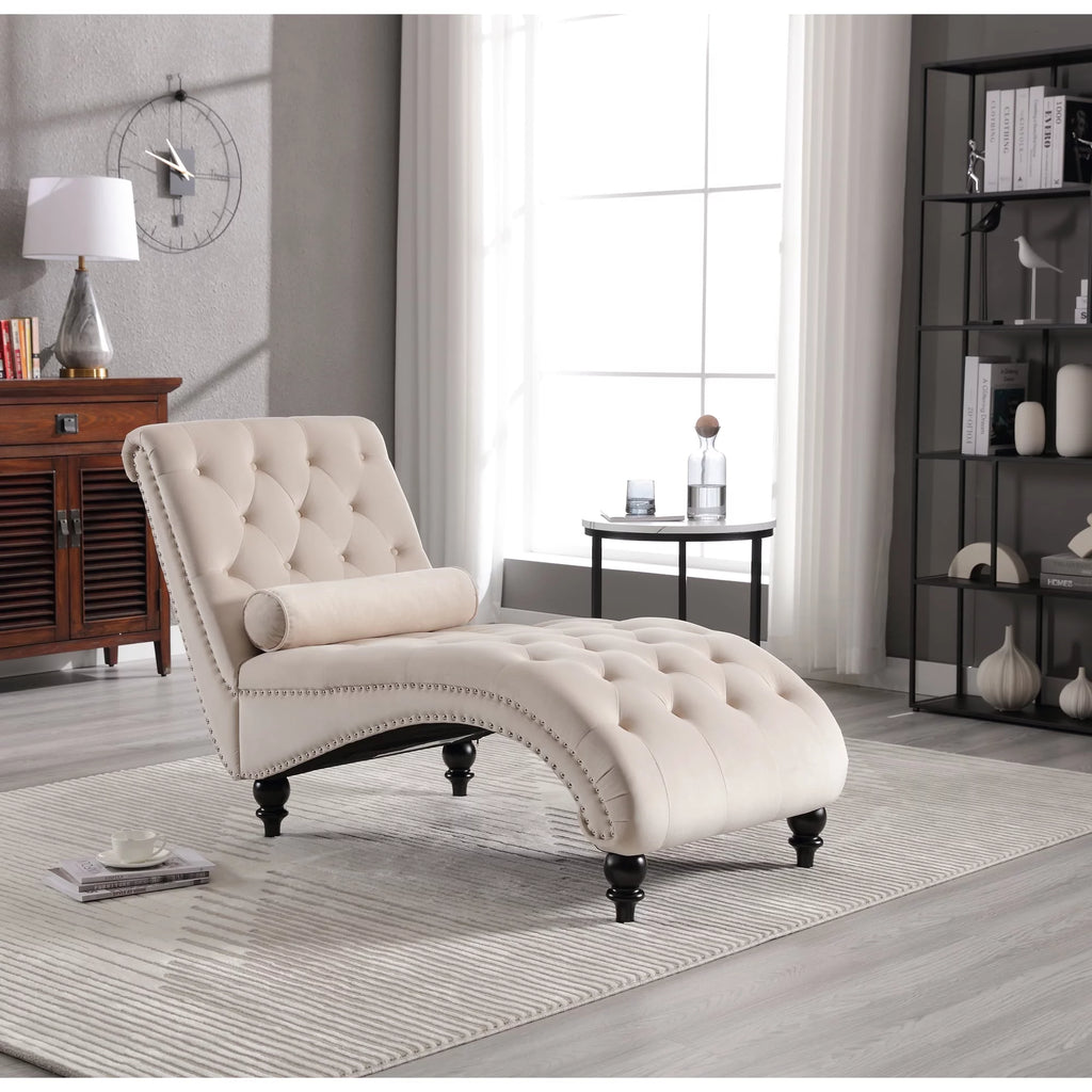 Beige Velvet Tufted Chaise Lounge with Wood Legs H713
