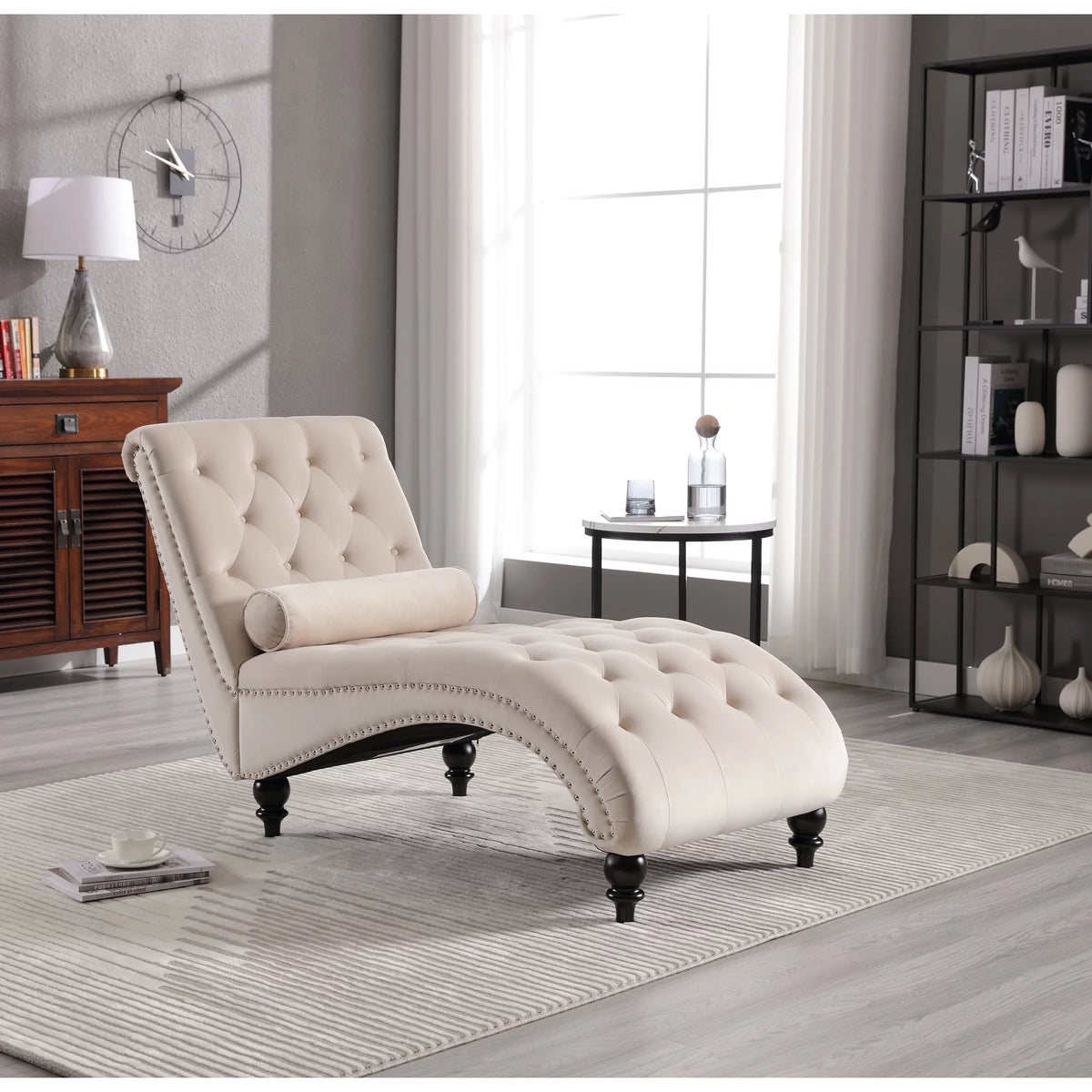 Beige Velvet Tufted Chaise Lounge with Wood Legs H713
