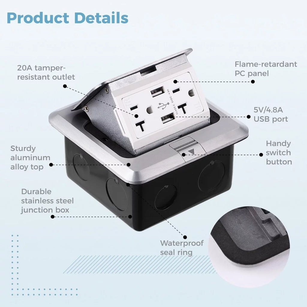 Waterproof Electrical Recessed Outlet Box with 20A Tamper-Resistant Receptacle & 4.8A USB Chargers N185