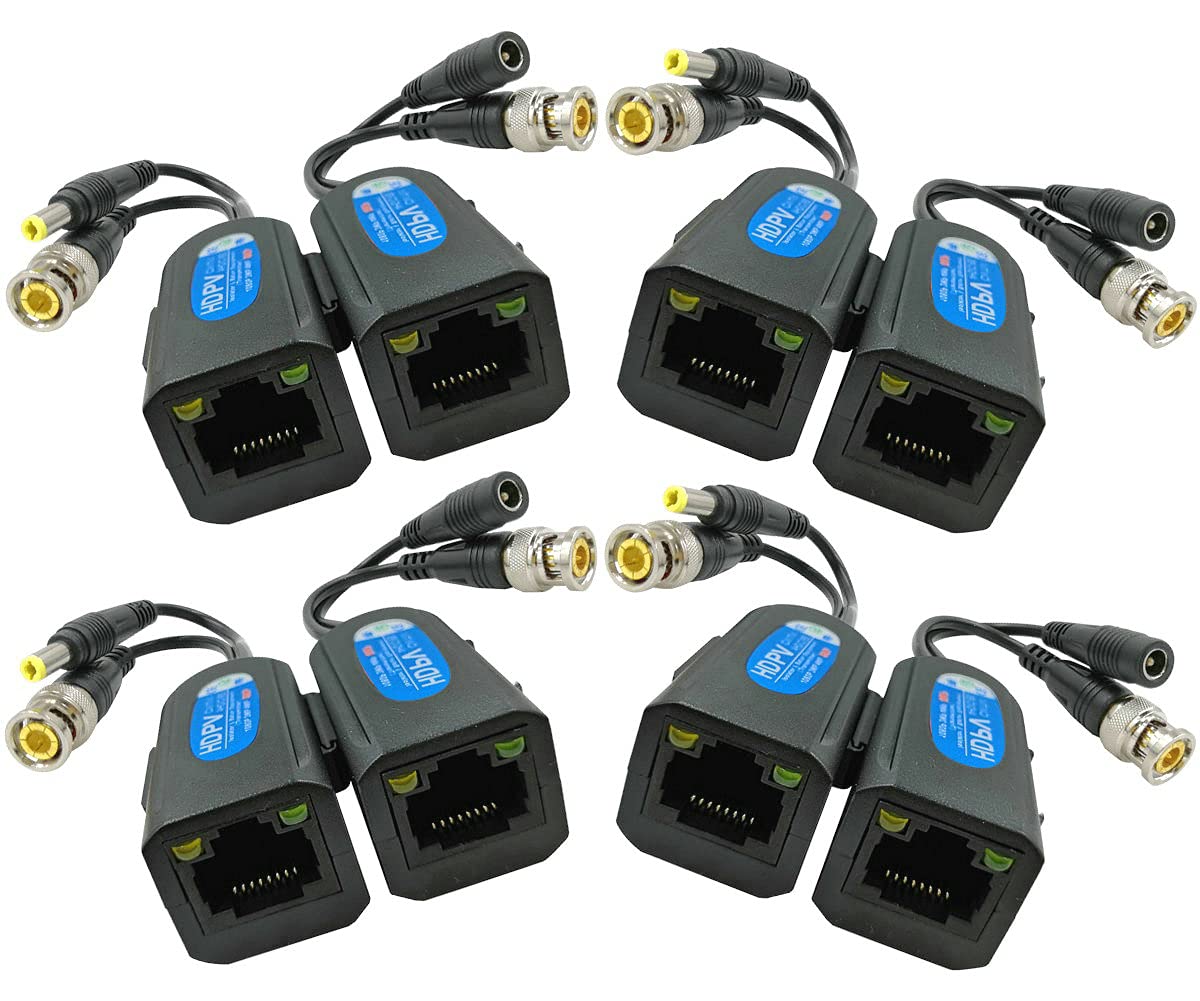 4 Pair Passive Video Balun BNC to RJ45 Adapter with Power 1080P-8MP Analog Camera Network Transceiver Cat5e/Cat6 to BNC Connector D182183
