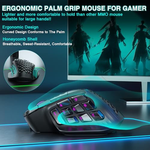 Black Wireless MMO Gaming Mouse with 9 Side Buttons, 24000 DPI, Triple Connectivity, RGB A647