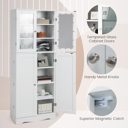 White Tall Kitchen Pantry Storage Cabinet with Glass Doors V575852