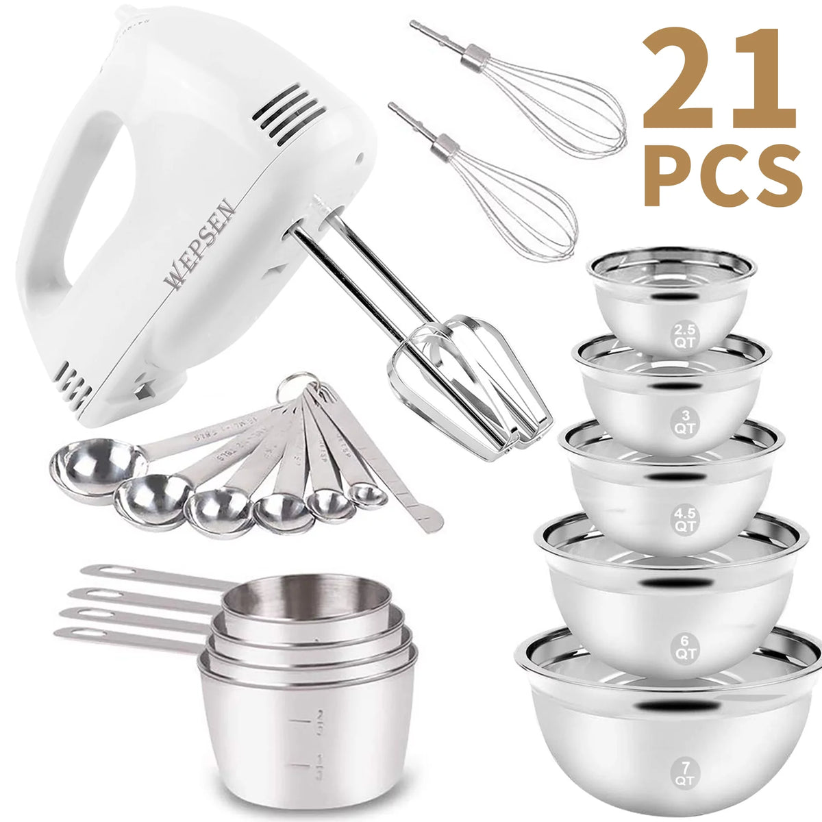 Electric Hand Mixer with Silver Nesting Stainless Steel Mixing Bowl, Measuring Cups and Spoons Whisk Blender V246