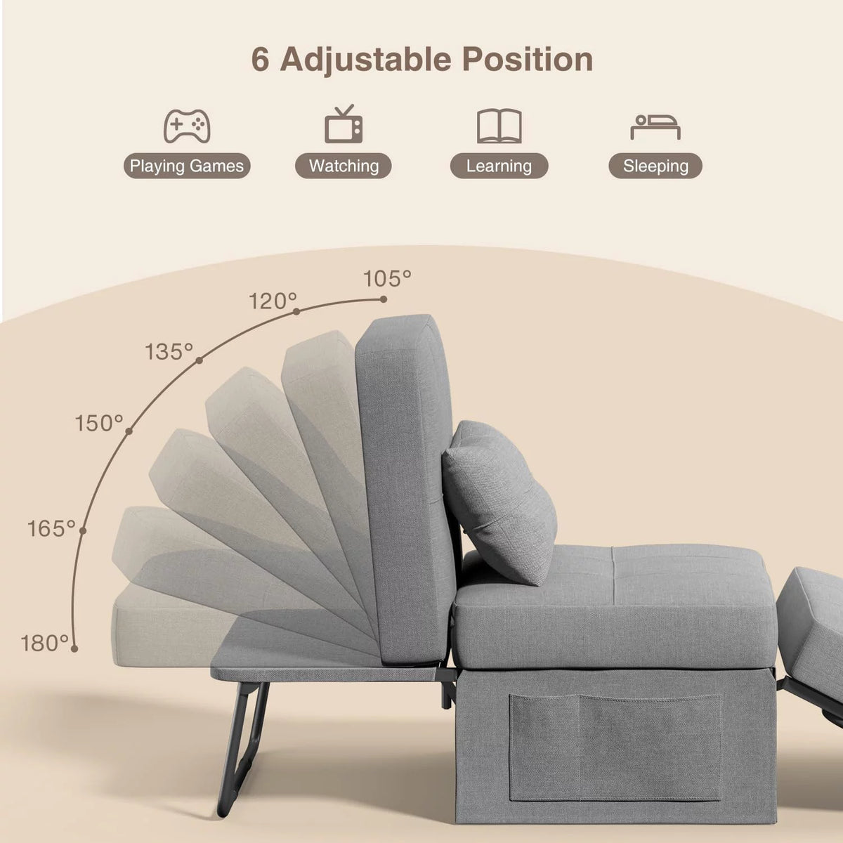 Light Grey 4 in 1 Convertible Sofa Bed with Adjustable Backrest B2785