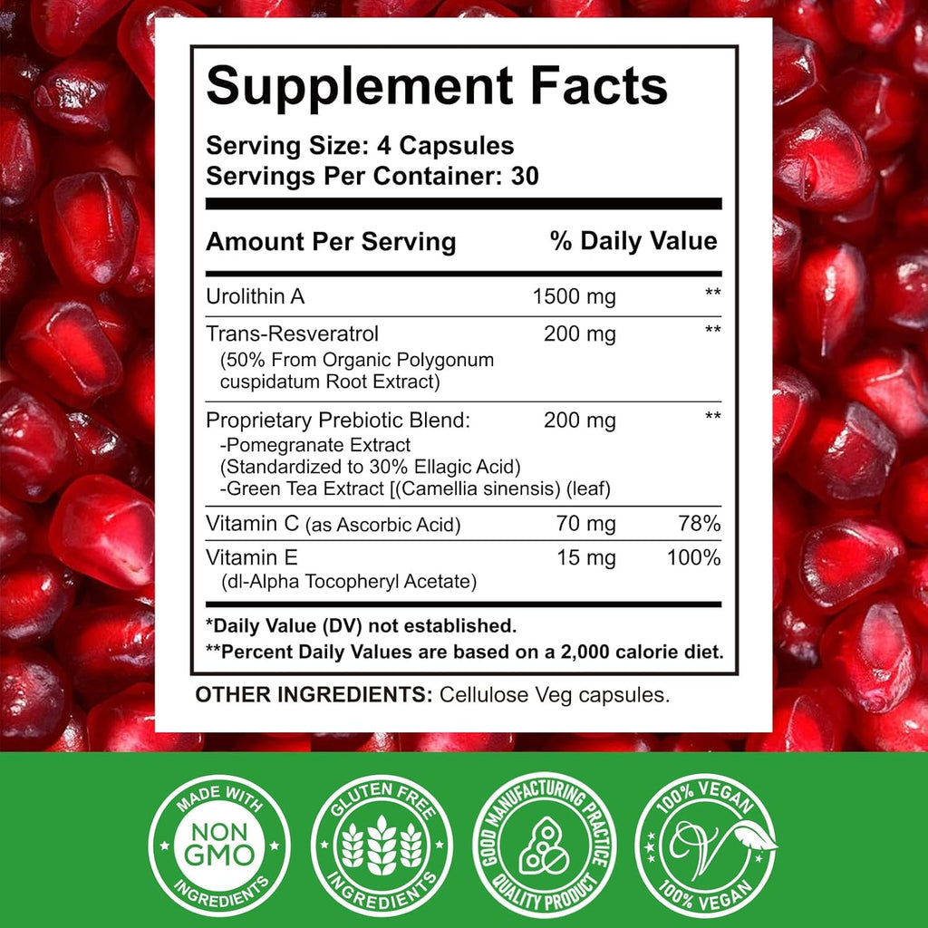 Urolithin A Supplement 1000 mg with Resveratrol, Pomegranate Extract, Green Tea, Vitamin C, E, 120 Capsules U7415