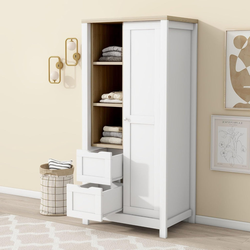 White Freestanding Wooden Armoire Wardrobe with 1 Sliding Door and 2 Drawers R690851