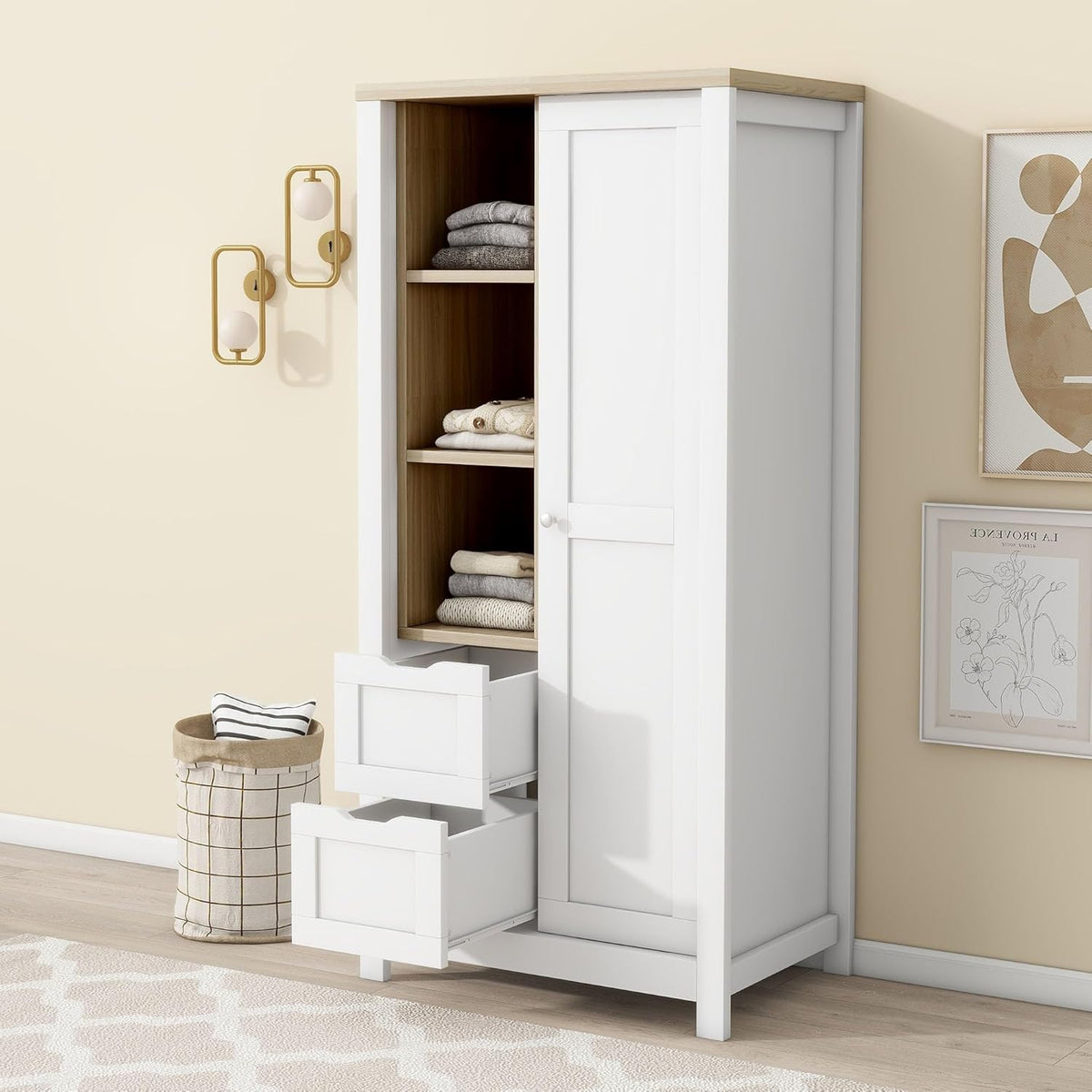 White Freestanding Wooden Armoire Wardrobe with 1 Sliding Door and 2 Drawers R690851
