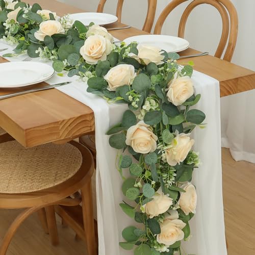 2Pcs Artificial Eucalyptus Flower Garland with White Rose Flowers F278