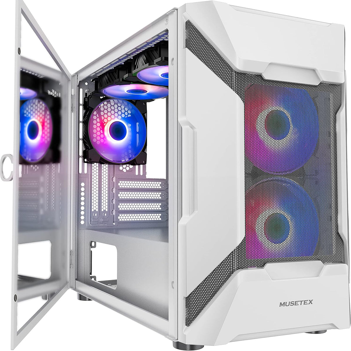 White Mesh Mid Tower PC Case with 5 ARGB Fans and Tempered Glass Panel S79977
