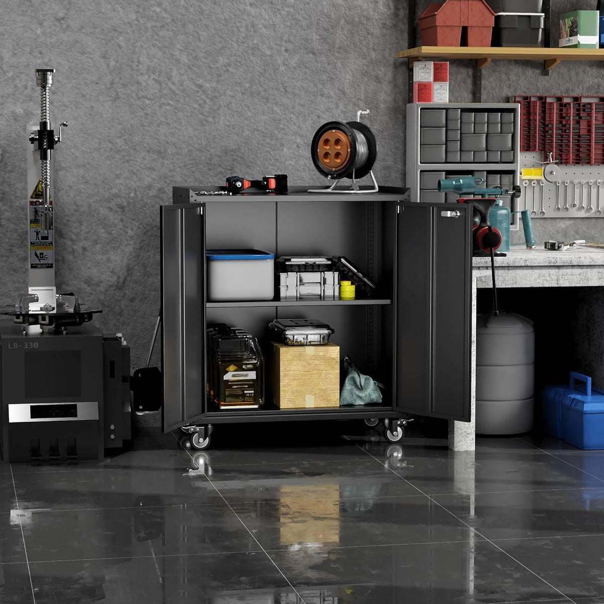 Black Metal Storage Cabinet on Wheels with Adjustable Shelves D703