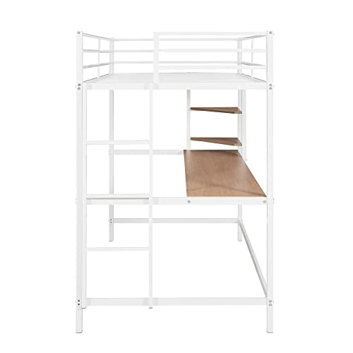 White Metal Twin Loft Bed with Desk and Shelves E9628