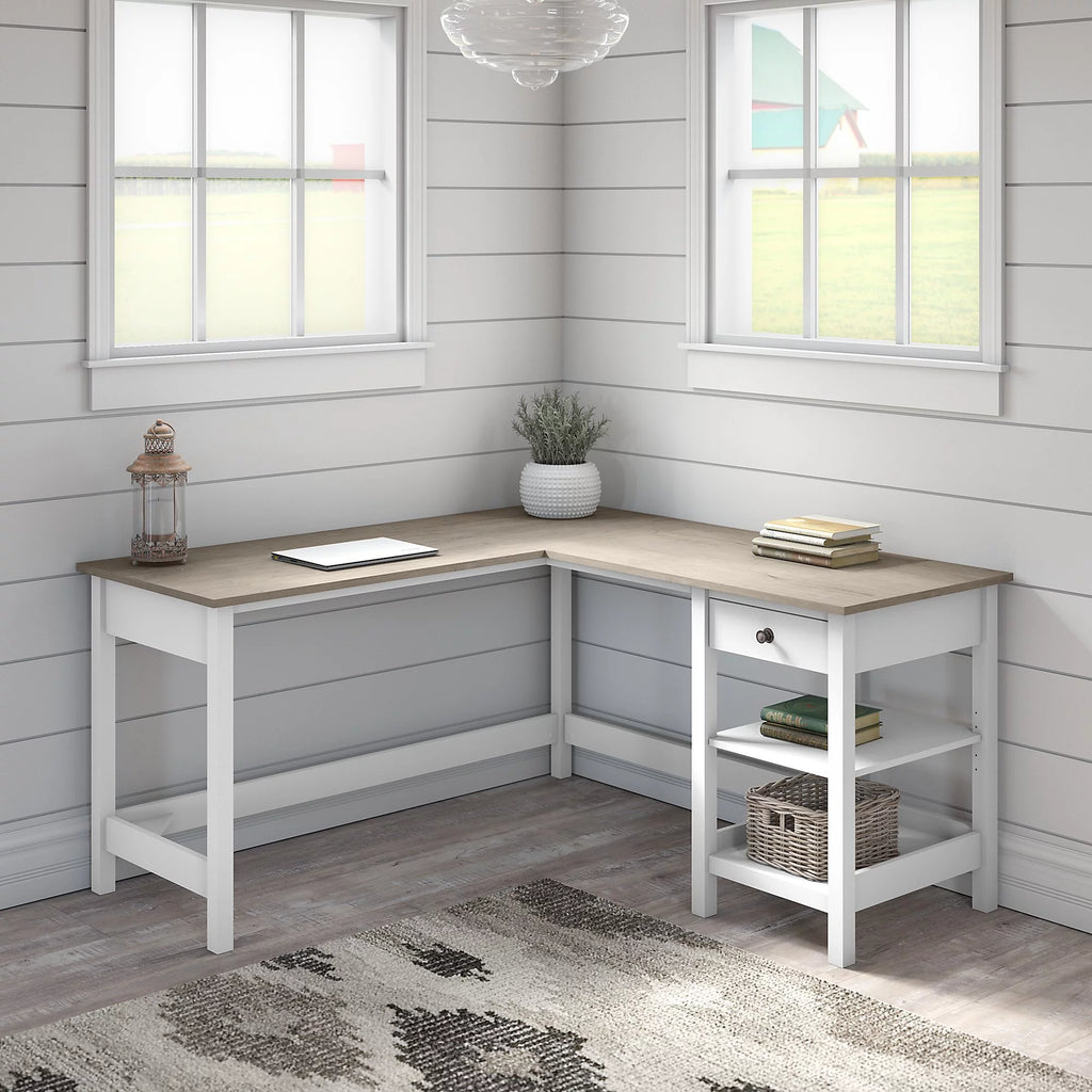 60W L Shaped Computer Desk with Storage in Shiplap Gray and Pure White Z975056
