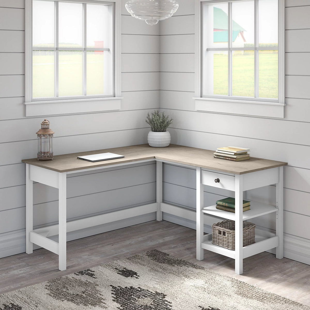 60W L Shaped Computer Desk with Storage in Shiplap Gray and Pure White Z975056