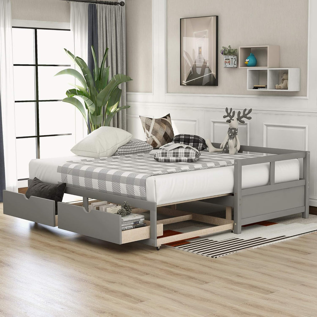 Grey Wooden Daybed with Trundle Bed and Two Storage Drawers S78073