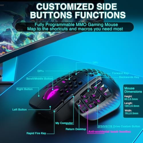 Black Wireless MMO Gaming Mouse with 9 Side Buttons, 24000 DPI, Triple Connectivity, RGB A647