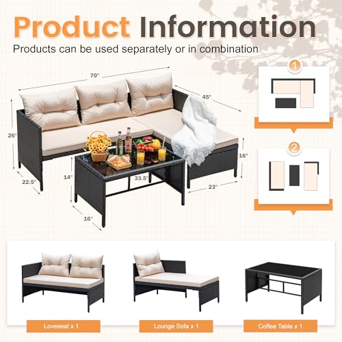 Beige 3-Piece Rattan Outdoor Sectional Sofa with Cushion Glass Table I657893