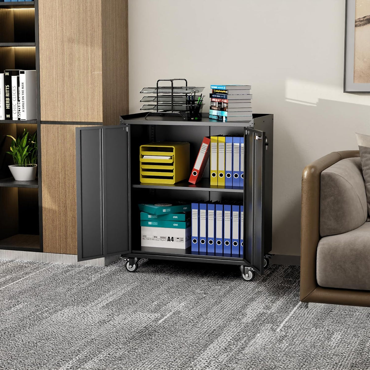 Black Metal Storage Cabinet on Wheels with Adjustable Shelves D703