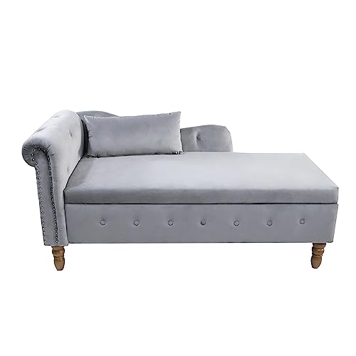 Gray Velvet Upholstered Lounge Chair with Storage and Pillow K176