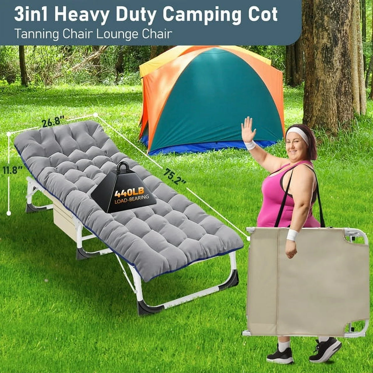 Heavy Duty Tanning Chair with Face & Arm Holes Adjustable 5-Position Folding Chaise Lounge Chair K980901