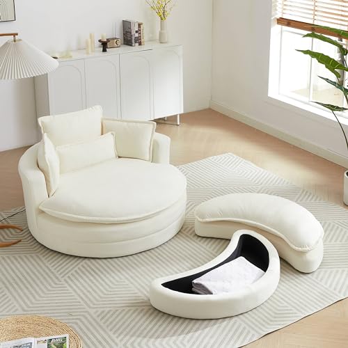 White Sherpa Fabric Swivel Barrel Chair with Storage Ottoman L199