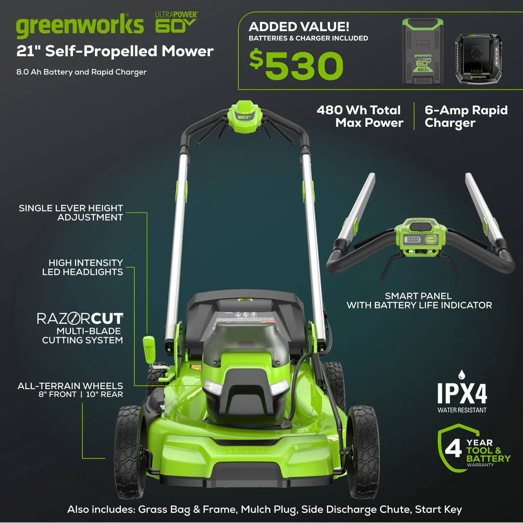 60V 21 Self Propelled Lawn Mower with 8.0 Ah Battery & Rapid Charger C462867