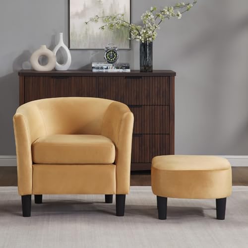 White Velvet Accent Barrel Chair with Ottoman M731