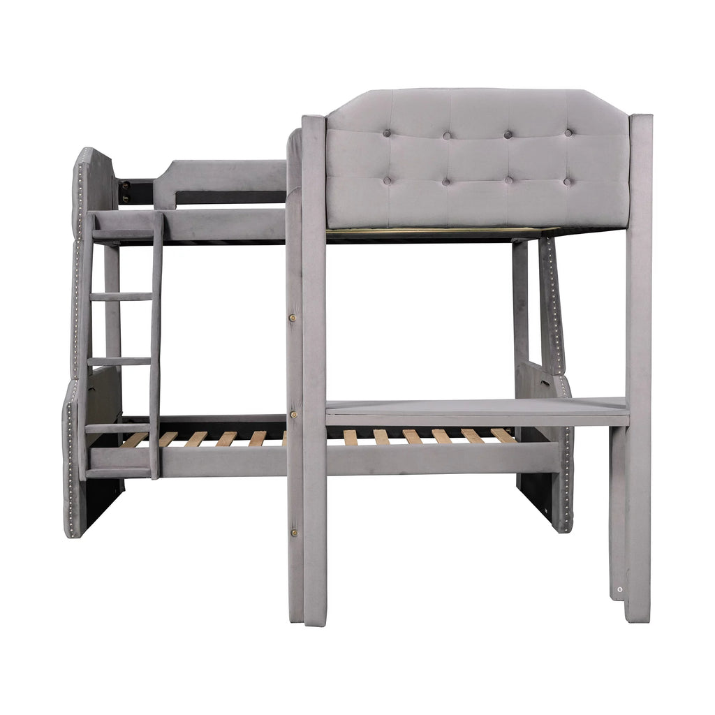 Gray Twin over Full Upholstered Bunk Bed with Desk Y82393