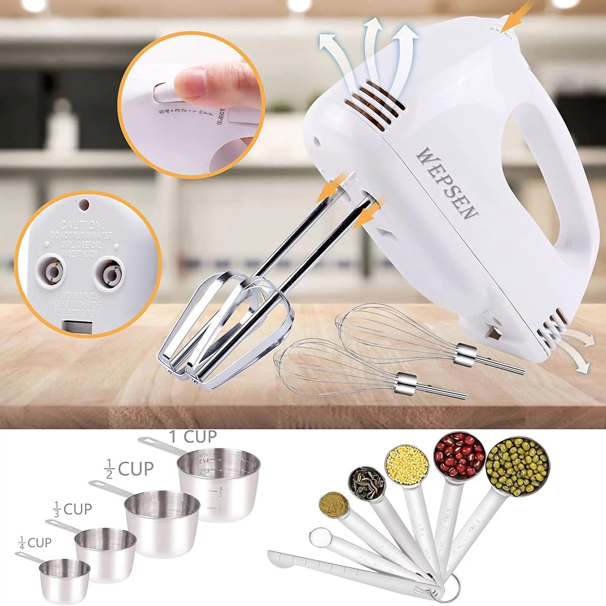 Electric Hand Mixer with Silver Nesting Stainless Steel Mixing Bowl, Measuring Cups and Spoons Whisk Blender V246