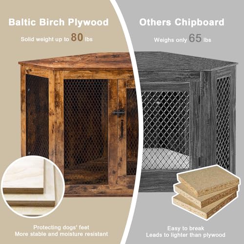 Corner Dog Crate Furniture, 44/52inch Wooden Dog Kennel with Metal Mesh G1738