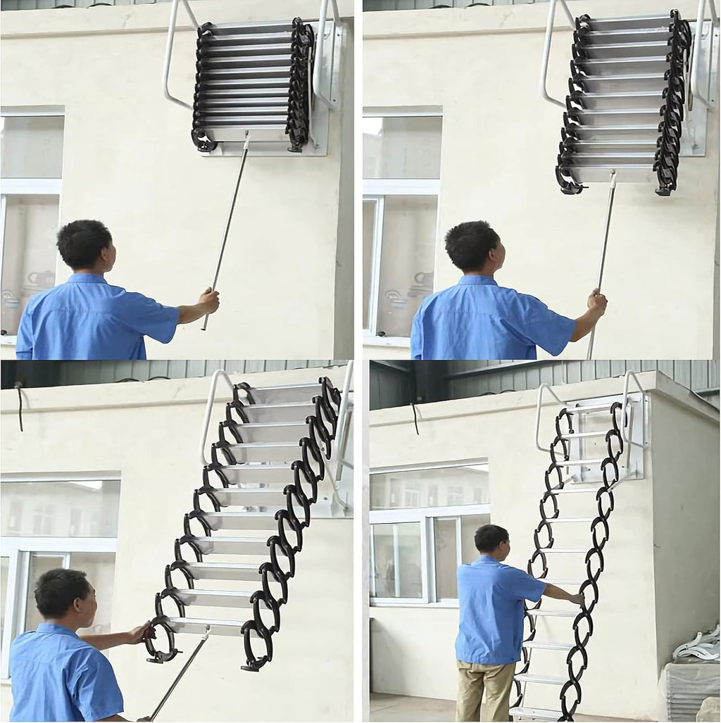 Blue 9.8ft Al-Mg Alloy Folding Attic Ladder with Armrests H47354