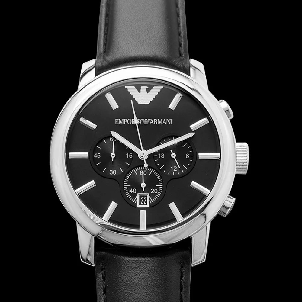 Stainless Steel Chronograph Watch with Black Leather Strap Y37677