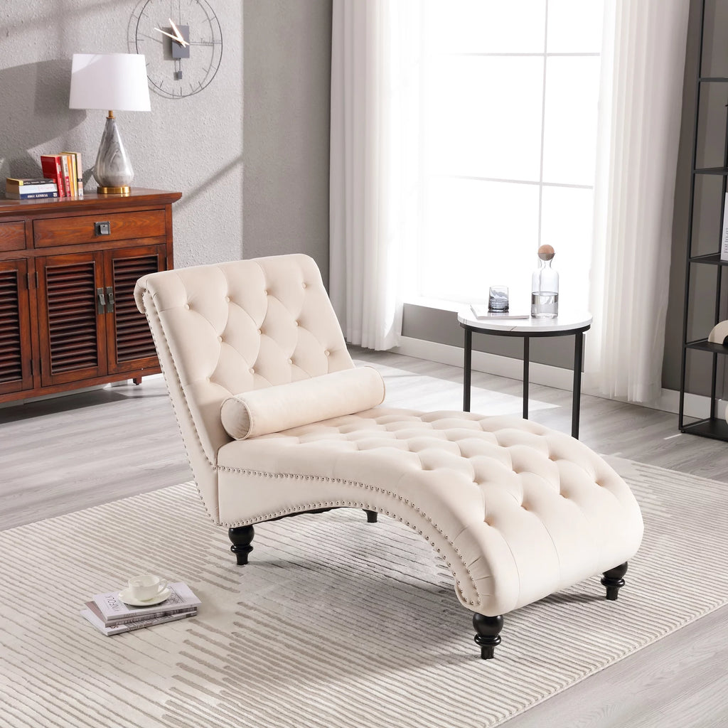 Beige Velvet Tufted Chaise Lounge with Wood Legs H713