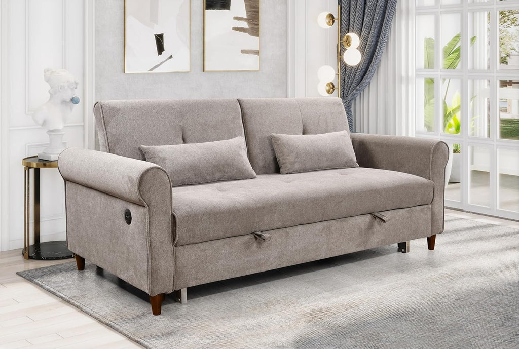 Brown Fabric Convertible Sleeper Sofa Bed with Pullout Bed and 2 Pillows X960