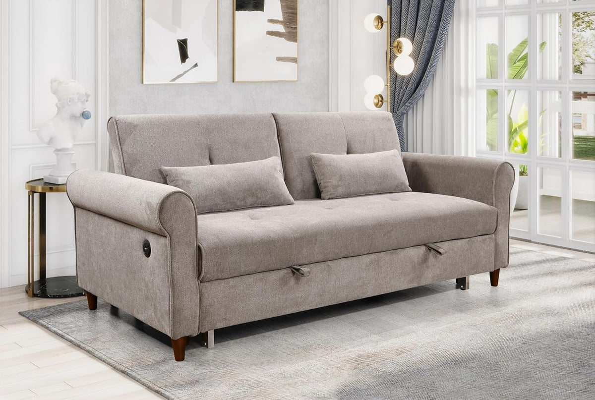 Brown Fabric Convertible Sleeper Sofa Bed with Pullout Bed and 2 Pillows X960