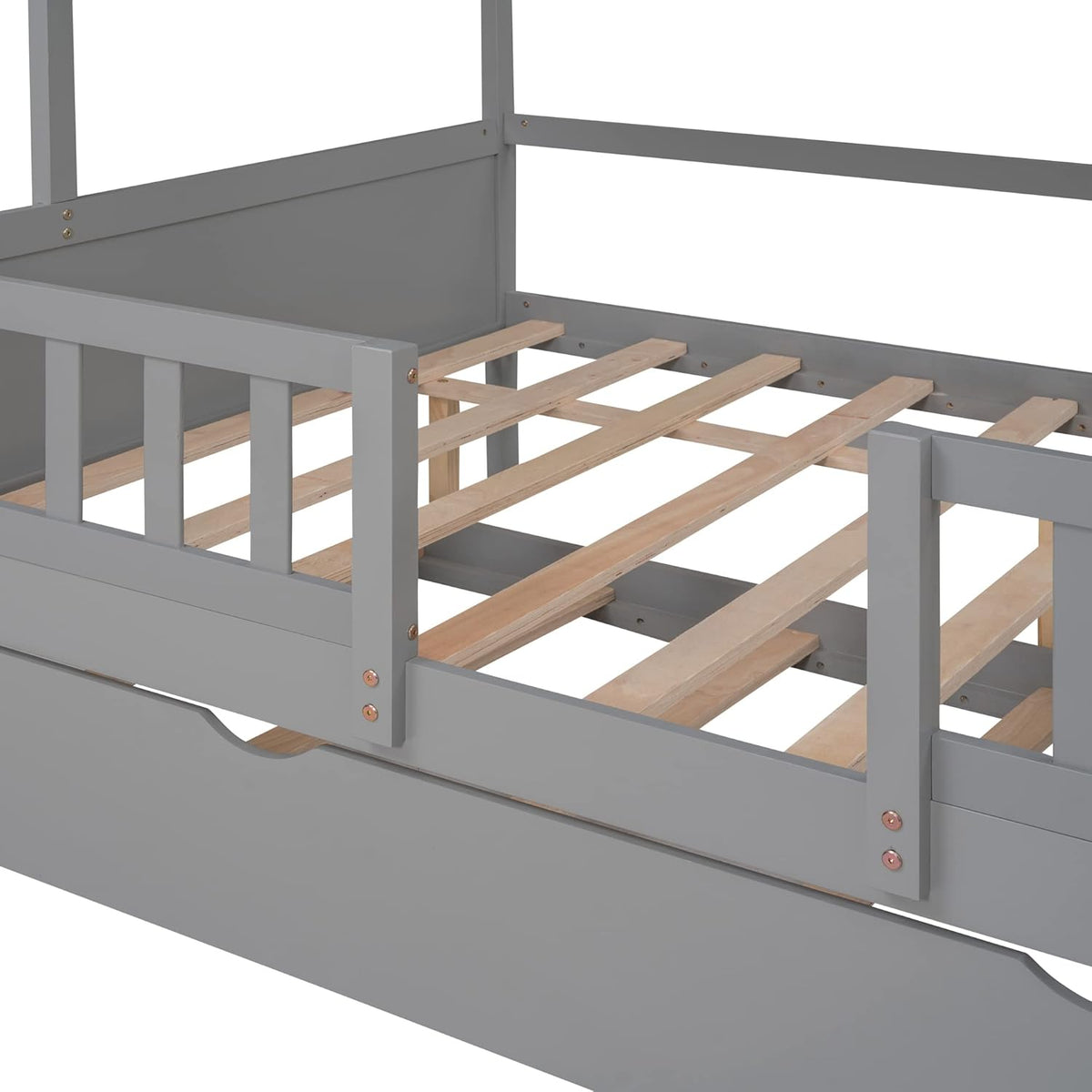 Grey Double Bed Wood Frame with Safety Bar T7862