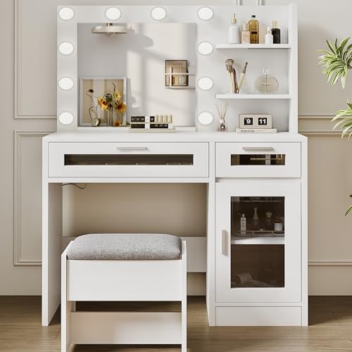 White Vanity Desk with Mirror and Drawer G1102