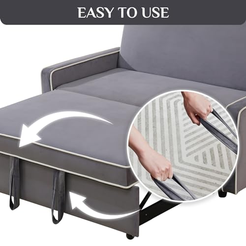 Grey 3 in 1 Convertible Sleeper Sofa with Pullout Bed Flannel 2 Seater Futon Loveseat Couch Bed F217160