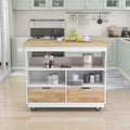 White Rolling Kitchen Island with RubberWood Top, 2 Drawers N794