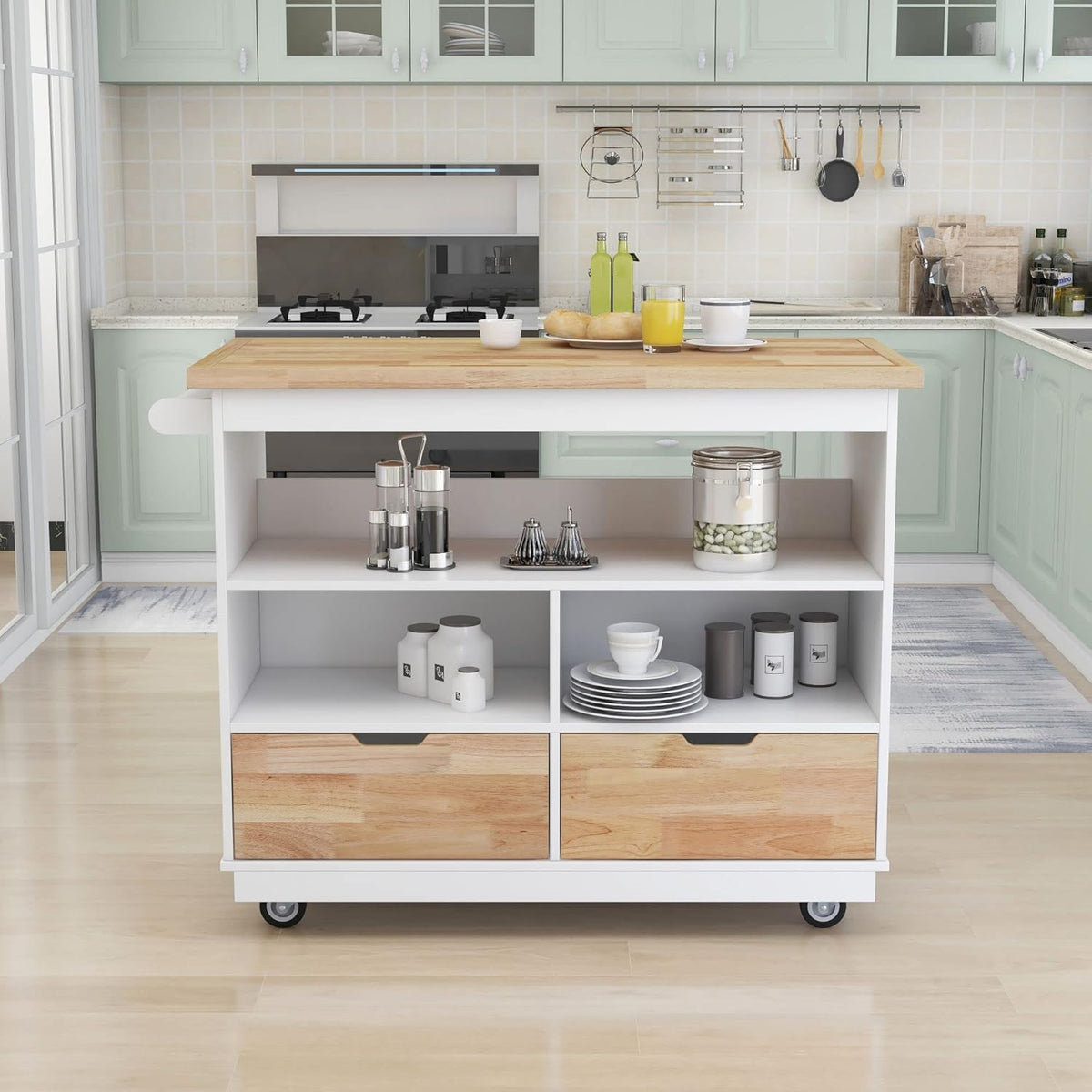 White Rolling Kitchen Island with RubberWood Top, 2 Drawers N794