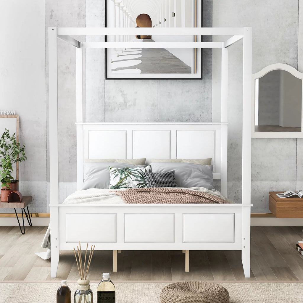 White Wood Queen Size Canopy Platform Bed S517