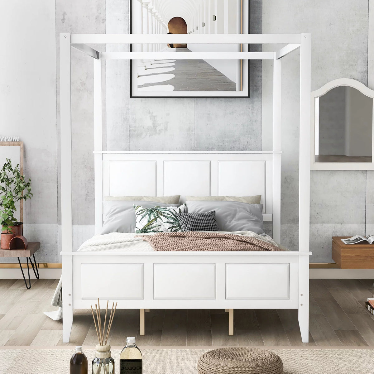 White Wood Queen Size Canopy Platform Bed S517