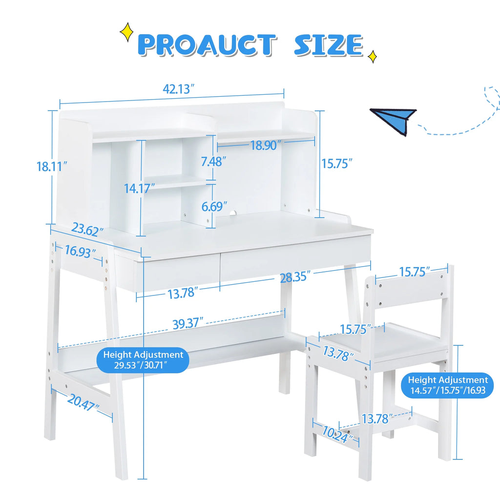White Wooden Kids Desk and Chair Set with Drawers V9155